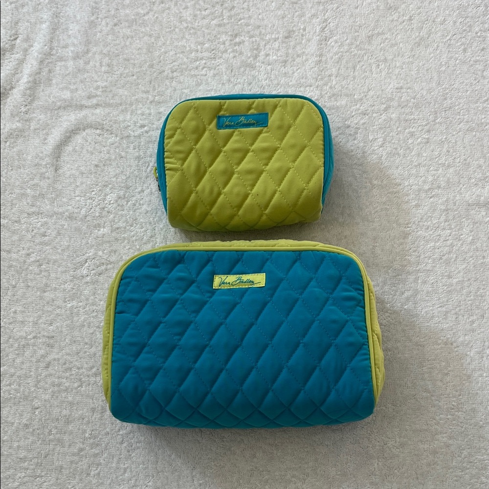 Vera Bradley Key Lime & Turquoise Quilted Toiletries/Cosmetic Bag Set